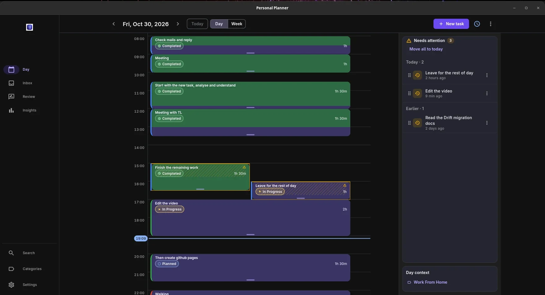 Personal Planner Day view with tasks as time blocks on an hour-by-hour timeline