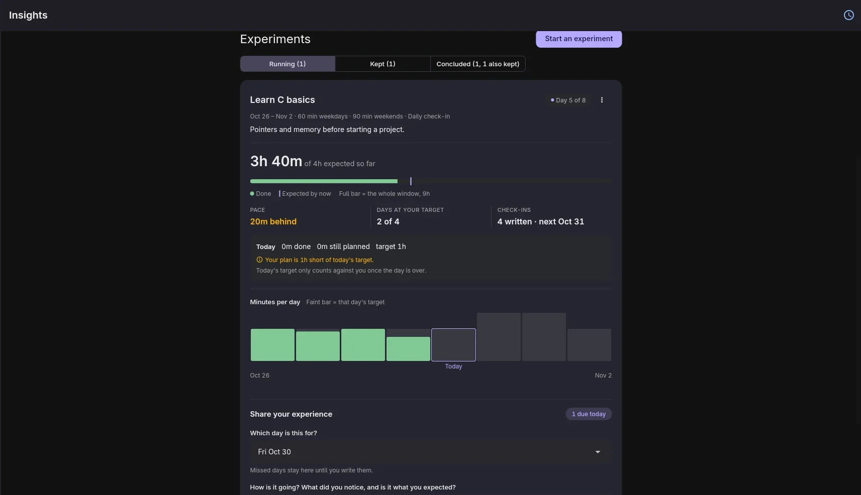 Experiments screen showing a routine, its pace and check-ins over time