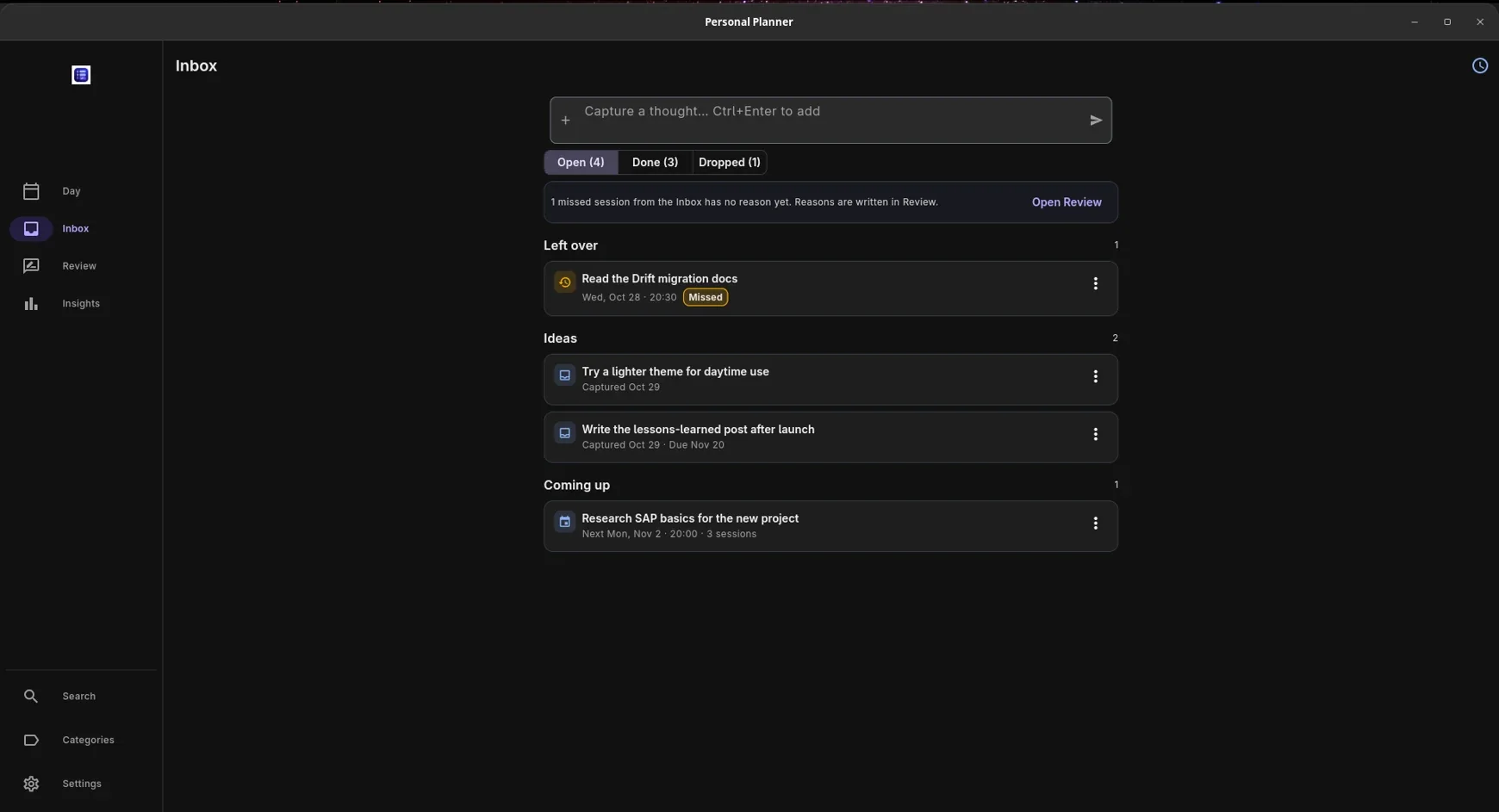 Inbox screen with captured ideas, left-over items and upcoming sessions