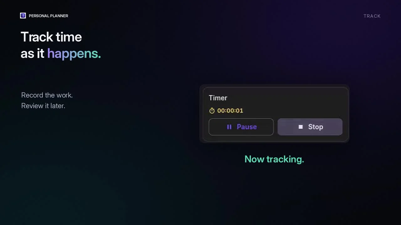 A running task timer with Pause and Stop buttons, from the Personal Planner film